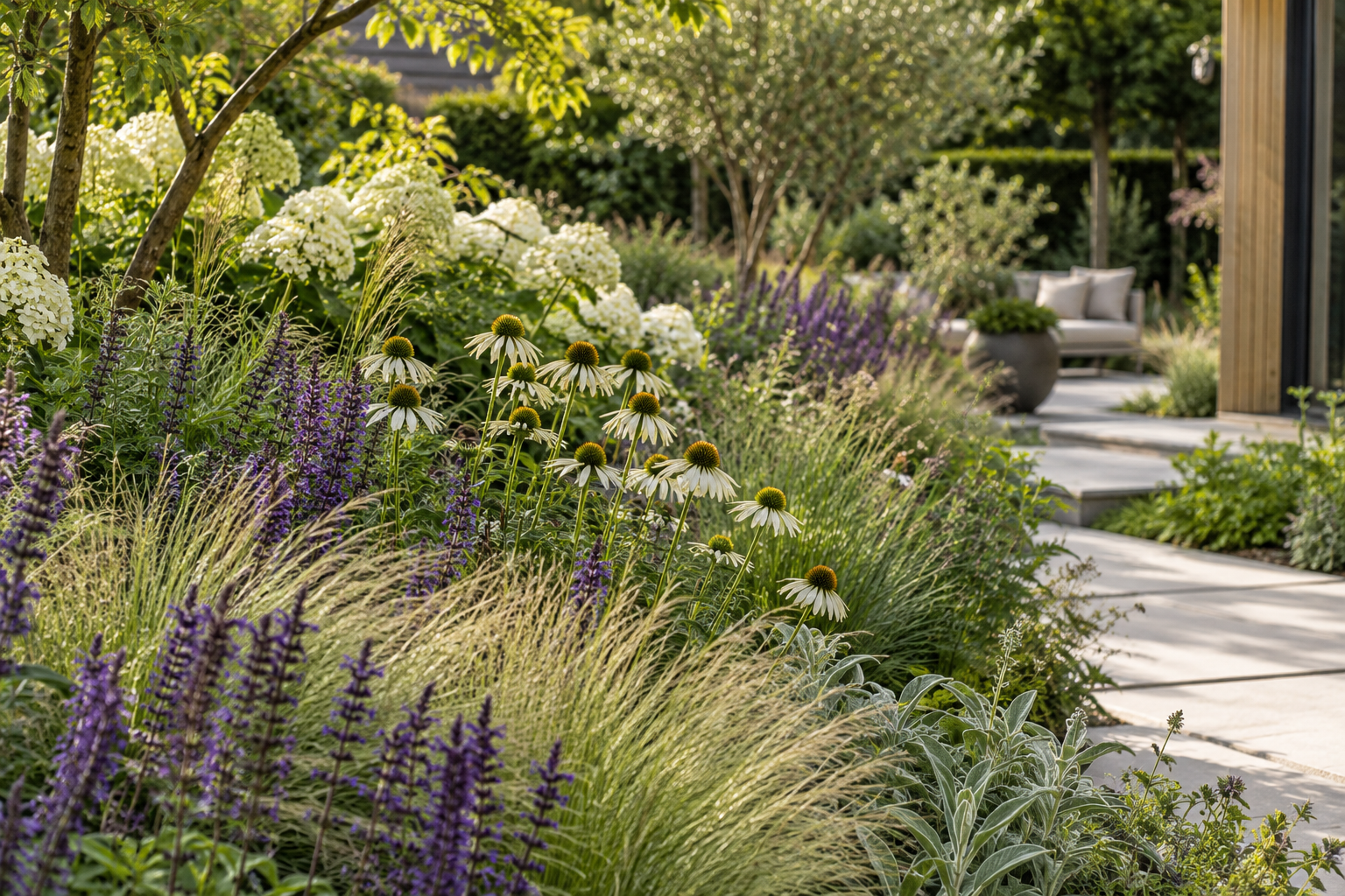 Border met vaste planten en siergrassen