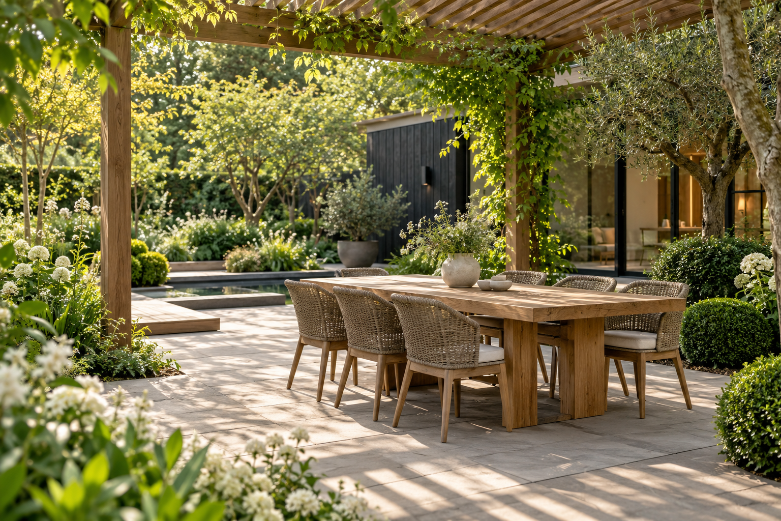 Dineren onder een houten pergola