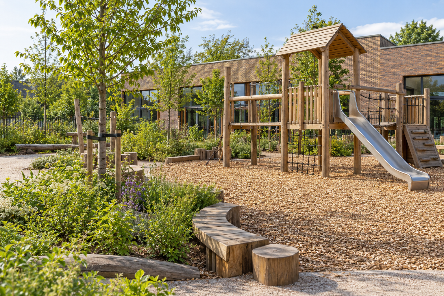 Groen schoolplein met houten speeltoestel