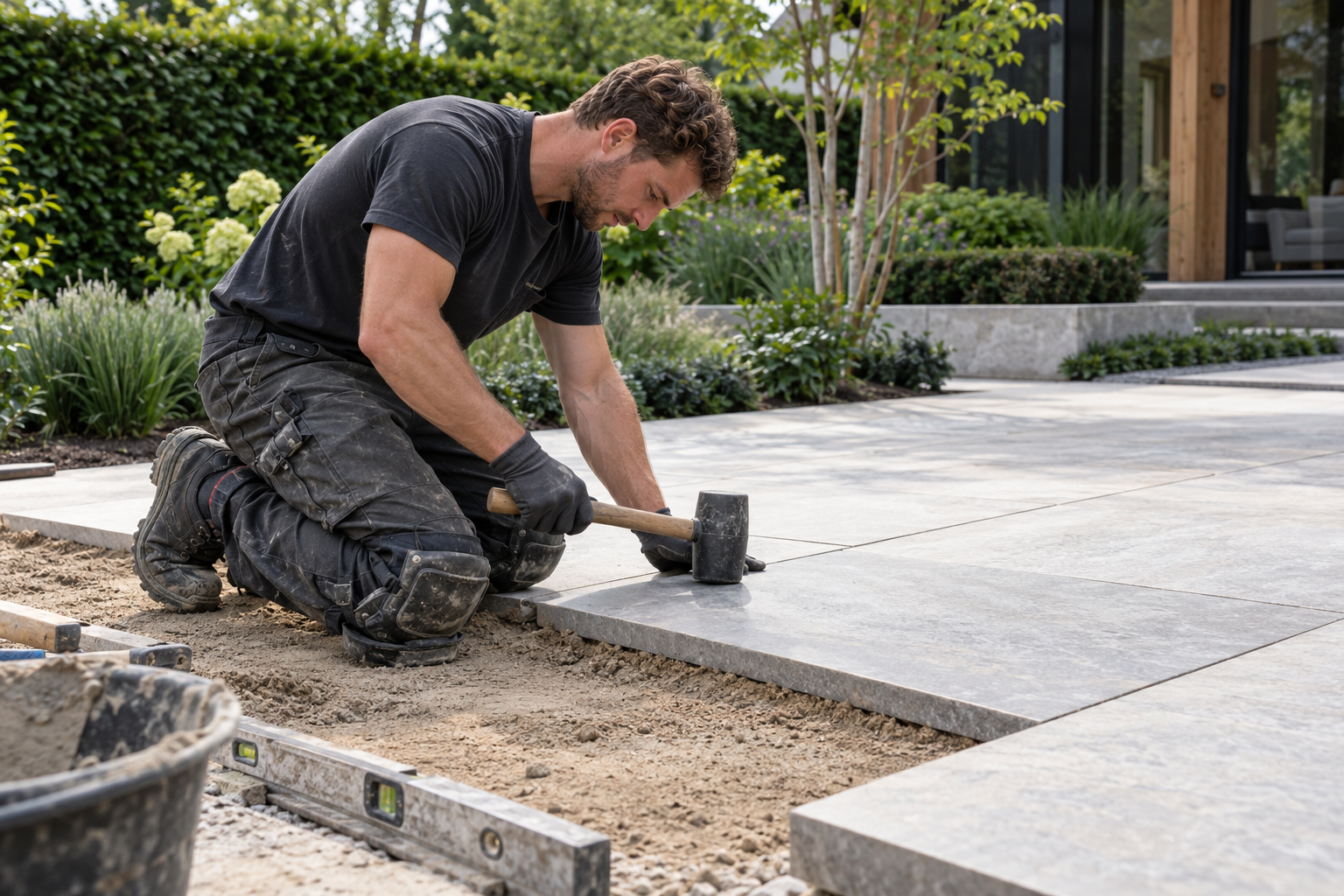 Hovenier legt een natuurstenen terras aan