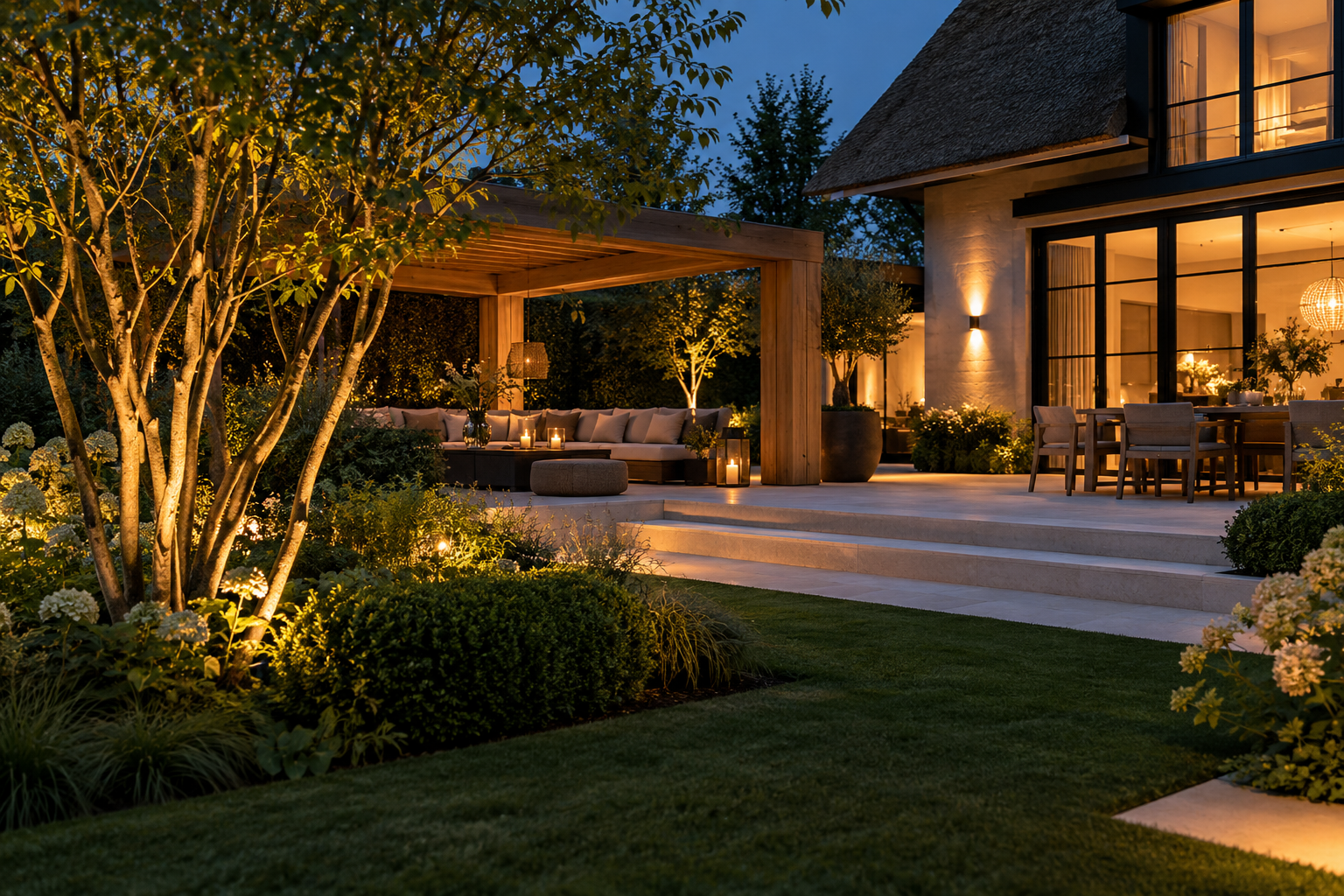 Tuin met verlichting in het blauwe uur